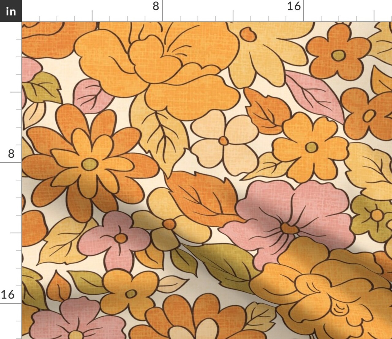 1970S Floral Flowers Vintage Nostalgia Seventies Hippie Boho Botanical Bloom Orange Beige Pink Green Custom Printed Fabric by Spoonflower Various Fabrics by the Yard or Fat Quarter